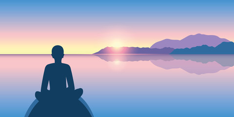 person enjoy the silence on a calm sea at sunrise vector illustration EPS10 - obrazy, fototapety, plakaty