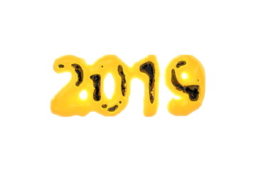 Happy New Year Banner with 2019 Numbers made by bright glowing magma burning shell and black gloss lowpoly faceted core inside isolated on white Background. abstract 3d illustration