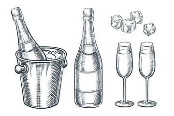 Champagne bottle in bucket with ice and two glasses. Vector sketch illustration. Holiday celebration design elements.