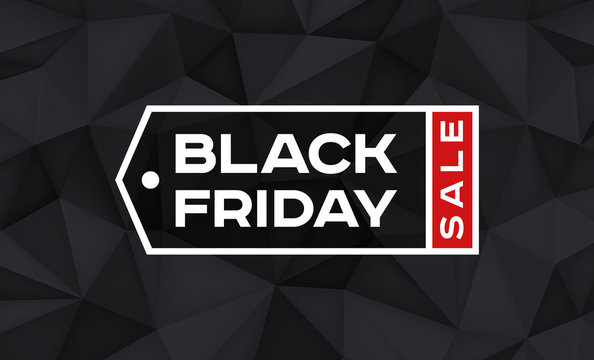 Black Friday Sale label. Volume geometric shape, 3d black crystals. Low polygons dark background. Red accent. Vector design polygonal form for you business projects