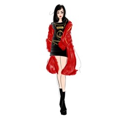 trendy young girl in red faux fur long coat