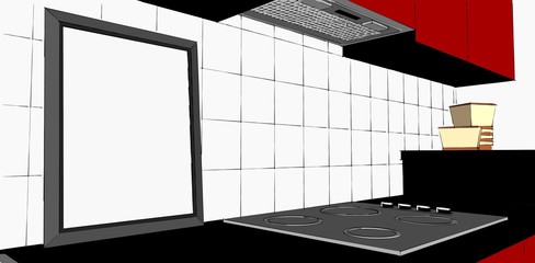 Vertical frame in a kitchen counter mock up design. Red cabinets, hob, canopy cooker hood, tableware and tiles backsplash.
