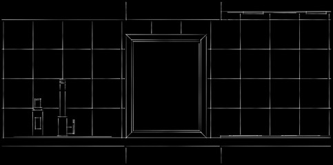 Vertical frame in a kitchen flat mockup design. Black and white sketch drawing.