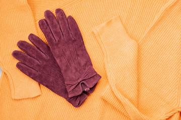 Flat lay with comfort warm outfit for cold weather. Comfortable autumn, winter clothes shopping, sale, style in trendy colors idea