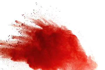 Red powder explosion on white background. Paint Holi.