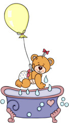 Baby teddy bear with balloon and bathtub