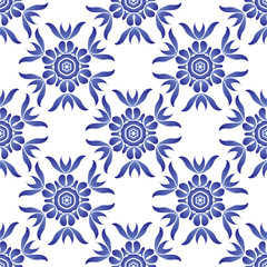 Vector seamless pattern with flowers and leaves in Gzhel Russian style. Folk background for textile, print, clothing, wallpaper, and other design