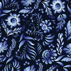 Vector seamless pattern with flowers and leaves in Gzhel Russian style. Folk background for textile, print, clothing, wallpaper, and other design