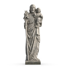 3D illustration of statue of Old Jesus and Baby Jesus on white background.