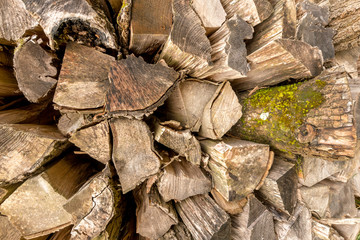 Old split weathered tree trunks stacked as firewood.
