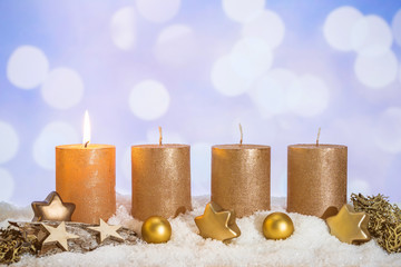 Lit first advent candle in snow - 233533661