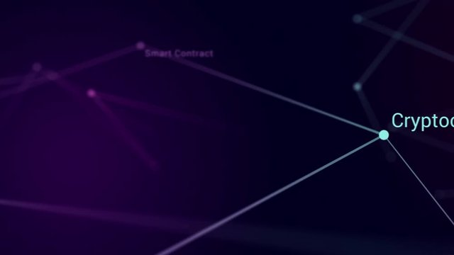 Abstract plexus Cryptocurrency Blockchain Technology concept backdrop. Geometrical background with seamless looped moving words, lines and dots 4k video.   
