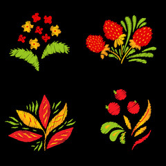 Bright embroidery elements set with flowers, berries and leaves. Can be used for clothing, textile, Tshirt or tote bag.
