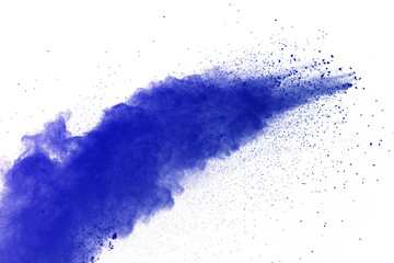Blue powder explosion on white background. Colored cloud. Color dust explode. Paint Holi.
