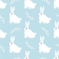 Seamless hare pattern. Cute little Bunny on a blue background. Cute rabbit vector design for fabric and decor