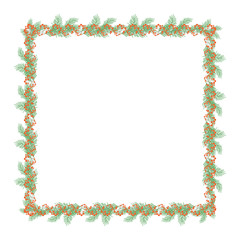 Frame of Holly leaves and berries and fir branches, vector illustration