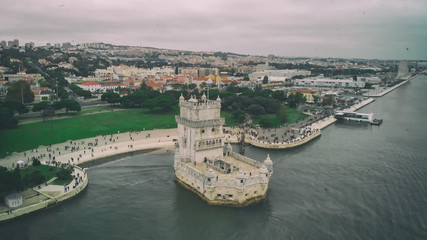 Belem Tower aerial view on cloudy day, Lisbon - Portugal