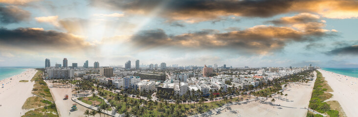 Aerial sunset panoramic view of Miami South Beach, Florida from drone