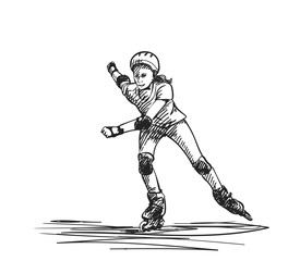 Fototapeta premium Sketch of teenage girl on rollers speed skating, Isolated on white background, Hand drawn vector illustration with hatched shades