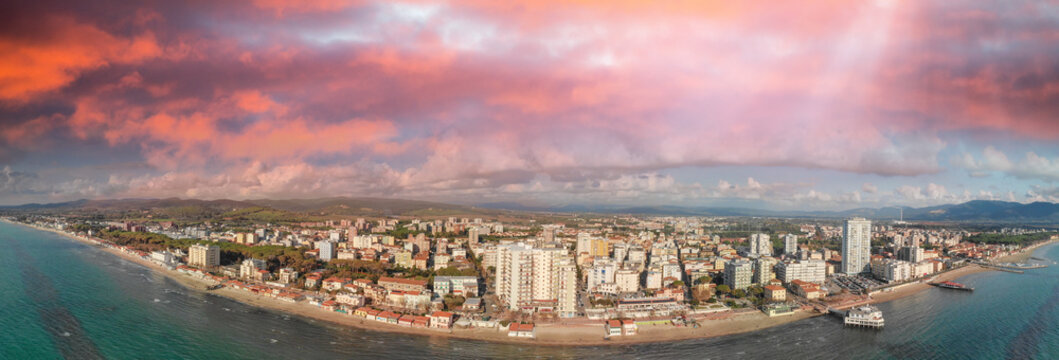 Panoramic aerial view of Follonica, Italy. Coastline of Tuscany with town and ocean