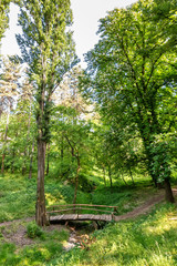 Top view wooden bridge over small river