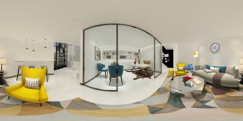 360 Degrees Home Interior, Rendering 3D.