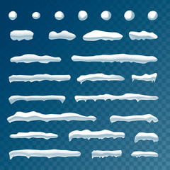 Set of snow icicles, snow cap isolated. Snowy elements on winter background. Vector template in cartoon style