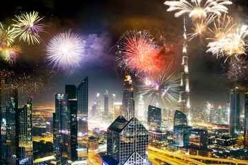 Velvet curtains Burj Khalifa fireworks around Burj Khalifa - exotic New Year destination, Dubai, UAE