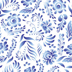 Fototapeta na wymiar Vector seamless pattern with flowers and leaves in Gzhel Russian style. Folk background for textile, print, clothing, wallpaper, and other design.