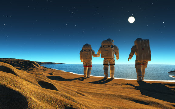 Astronauts near the sea.