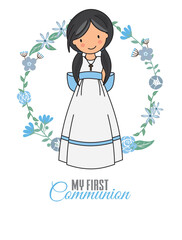 my first communion girl. beautiful girl with communion dress and flower frame