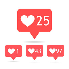 A set of icons counter notifications instagram. Follower. Icon set like 1, 25, 43, 97 insta symbol isolated on white. Social media likes insta ui, app, iphone. Vector. EPS 10.