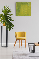 Plant next to yellow chair in modern living room interior with green poster on grey wall. Real photo