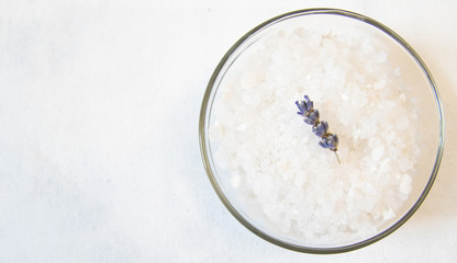 lavender bath salt on white background with lavender flower
