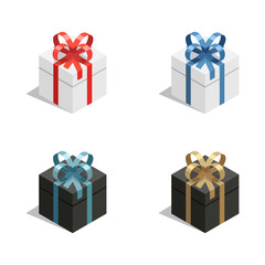 Isometric gift or present vector set with white and black colored boxes and colorful ribbons. 3d style gift box set isolated on white.