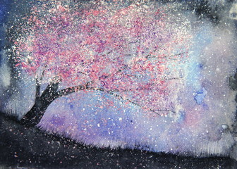 watercolor landscape milky way and pink tree sakura.