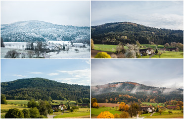 Four seasons of year in european climate in southern Germany as nature concept - snowy winter,...