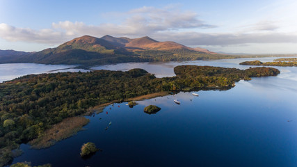 Aerial view of boats on the lakes of Killarney national park