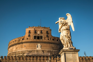 11/09/2018 - Rome, Italy: Sunset view of Castel Sant'angelo from the park with tourists walking