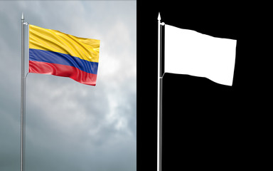 3d illustration of the state flag of the Republic of Colombia moving in the wind at the flagpole in front of a cloudy sky with its alpha channel