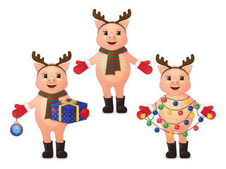set of cute pigs with deer horns, garland, gift and tree ball. cartoon character. vector illustration.