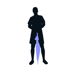 Silhouette of a standing man in shorts with an umbrella. Vector silhouette