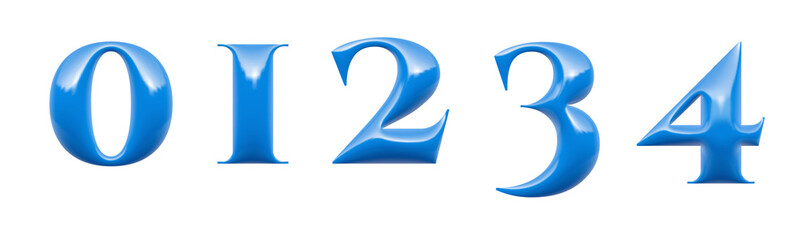 embossed 3d alphabet, blue plastic numbers 0 1 2 3 4, 3d illustration