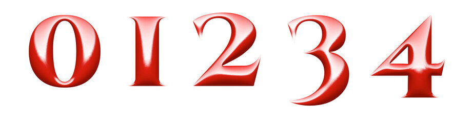 embossed 3d alphabet, red numbers 0 1 2 3 4, 3d illustration