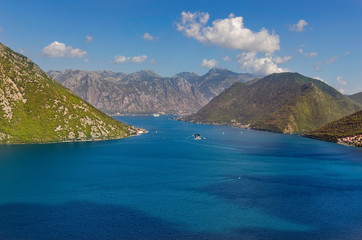 Fototapeta na wymiar Kotor bay seascape, Montenegro. Sunny summer day. Mountain landskape.