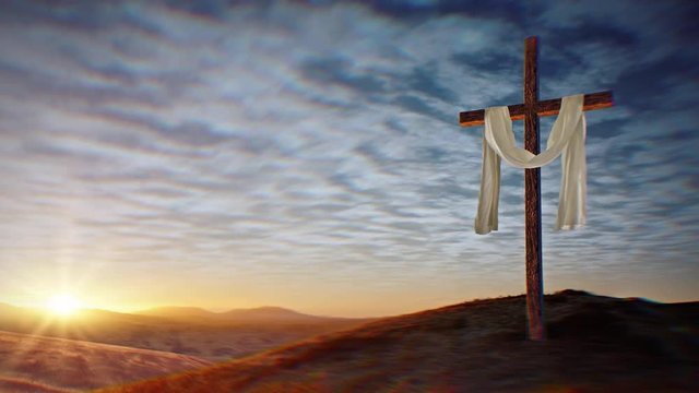 Christian Cross with Waving White Cloth at Sunset, Left