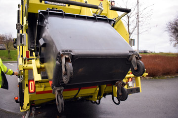 Loading garbage in the garbage truck. Garbage removal. Work garbage collector. Rogaland. Norway. 