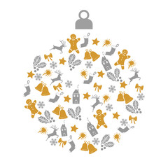Obraz premium Christmas greeting card with christmas ball with gold and gray small decoration icons on white background