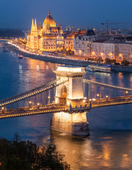Fototapeta na wymiar Budapest, Chain Bridge over Danube River and Hungarian Parliament Building