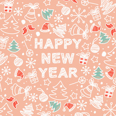Happy New Year. Lettering for New Year greeting card. Symbols of the new year in doodle style on a pink background.